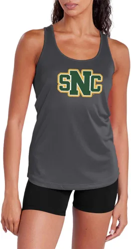 Vista 111 de Camiseta deportiva sin mangas oficial de NCAA Collegiate para mujer, con espalda cruzada, colección con logotipo primario