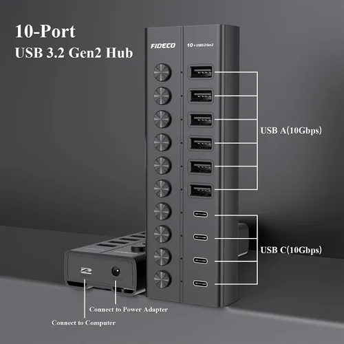 Vista 6 de FIDECO Hub USB alimentado de 60 W para laptop y PC, divisor USB de 10 puertos de 10 Gbps con adaptador de corriente de 12 V 5 A, adaptador