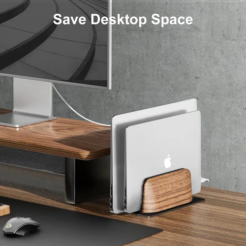 Vista 7 de UPERGO Soporte vertical para laptop, soporte vertical de madera de doble ranura para escritorio, base ajustable de ancho para MacBook Pro y otras