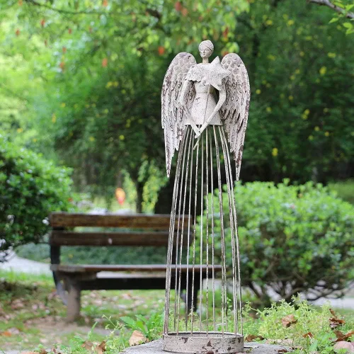 Vista 5 de Y&K Decor - Estatua de ángel de metal envejecido para jardín, patio, césped, patio, decoración de interiores y exteriores, Navidad (25.5 pulgadas)