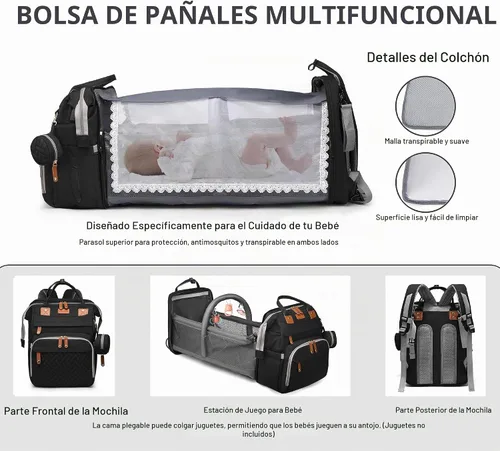 Vista 2 de Bolsa de pañales con estación de cambio, bolsa de bebé de viaje multifuncional, tote de bebé impermeable, bolsa de mamá de gran capacidad, mochila