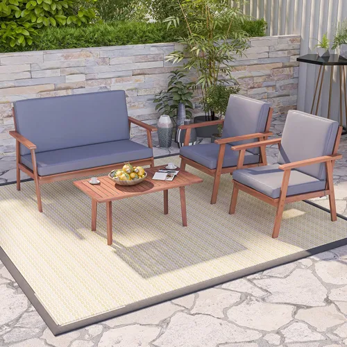 Vista 2 de Tangkula Juego de 4 piezas para conversación al aire libre, juego de sofá de madera de acacia con cojines de asiento y respaldo suaves, mesa Gris