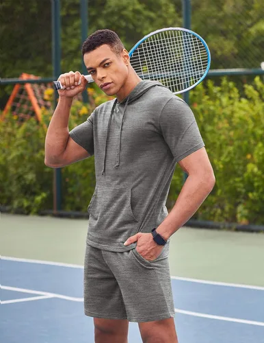 Vista 2 de COOFANDY Conjunto deportivo de 2 piezas con capucha para hombre, manga corta, casual, deportivo, con capucha y pantalones cortos