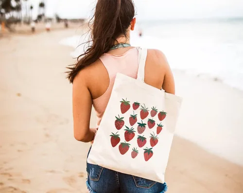 Vista 5 de Bolsa de lona de fresa para mujer, estética, reutilizable, bolsa de hombro para compras, viajes, regalo para niñas