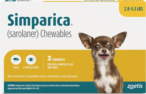 Vista 20 de Simparica (sarolaner) Masticables para perros, 120 mg/tab, 88.1-132 libras (marrón), 6 tabletas