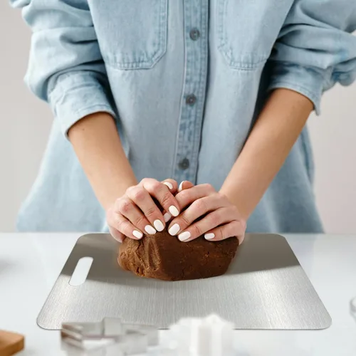 Vista 6 de Tabla de cortar de acero inoxidable de grado alimenticio, tabla de cortar de doble cara para cocina, fácil de limpiar, tabla de cortar