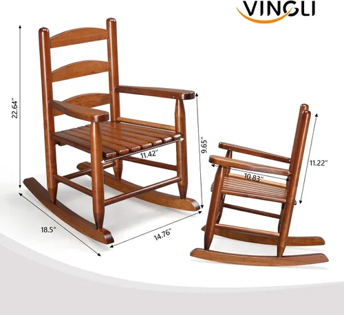 Vista 3 de JOYMOR Silla mecedora de madera para exteriores para niños con respaldo alto, balancín para niños resistente al clima, silla mecedora de patio