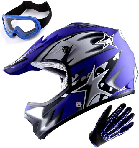 Vista 11 de WOW Casco de motocross juvenil MX BMX, casco de bicicleta negro araña + gafas + guante negro esqueleto K-Negro mate