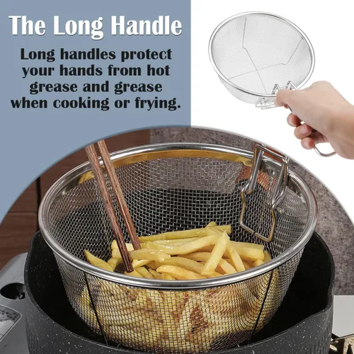 Vista 4 de Cesta de drenaje de acero inoxidable, cesta plegable multifuncional para freír – Malla de alambre redonda para freír chips franceses para servir