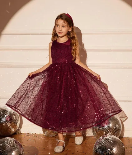 Vista 4 de GRACE KARIN Vestido de fiesta de lentejuelas para niñas, sin mangas, brillante, elegante, acampanado, maxi vestidos de 5 a 12 años