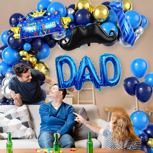 Vista 7 de Decoración del día del padre, arco de globos azul marino para el día del padre, kit de guirnalda de globos azules y dorados con corbata para barba