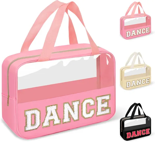 Vista 26 de izuzta Bolsas de maquillaje transparentes tipo tote con letras de chenilla, bolsa de maquillaje preppy con asa, Moda