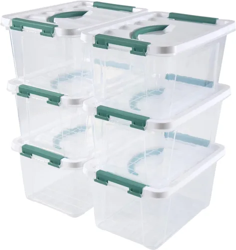 Vista 10 de Eslite Contenedores de almacenamiento apilables de plástico de 6 cuartos de galón, caja de pestillo transparente con asa y tapa, paquete de 6 Mango
