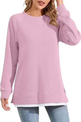Vista 3 de YSYOKOW Women Crewneck Sweatshirt Long Sleeve Pullover Trendy Side Slit Tunic Casual Color Block Tops