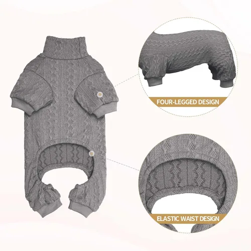 Vista 3 de Suéter de perro cuello alto tejido con botones para mascotas, color sólido, suéter para cachorros, suéter cálido para perros pequeños (Gris y XS)