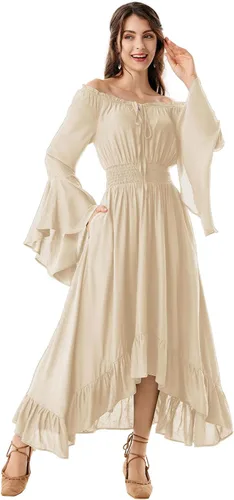 Vista 2 de Scarlet Darkness Disfraz de feria renacentista para mujer, con hombros descubiertos, manga larga acampanada, vestido alto y bajo