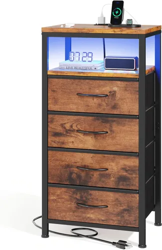 Vista 18 de Sweetcrispy Mesita de noche con estación de carga, mesa auxiliar con 3 cajones de tela, puertos USB y tipo C con salidas de CA, pies ajustables