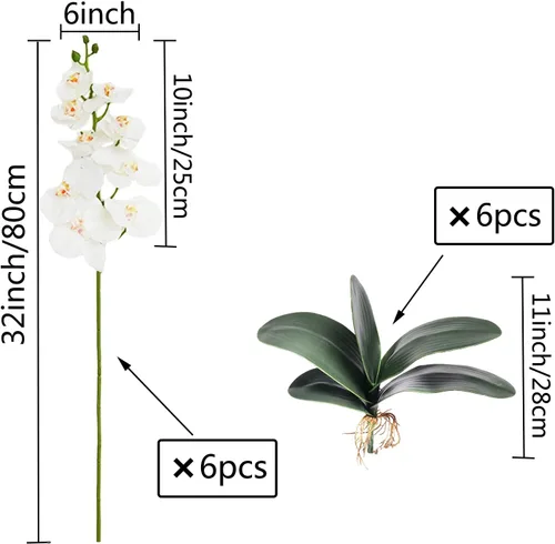 Vista 2 de FagusHome 6 piezas de flores artificiales Phalaenopsis con 6 paquetes de hojas de orquídea artificial, plantas tallo para decoración del hogar