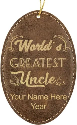 Vista 9 de LaserGram Adorno de Navidad personalizado, el tío más grande del mundo, piel sintética, idea de regalo personalizada grabada con láser