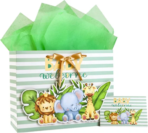Vista 16 de Loveinside Bolsa de regalo para bebé niño con papel de seda y tarjeta de felicitación para baby shower, nuevos padres y más, diseño animal azul, 16