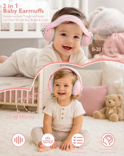 Vista 2 de Orejeras 2 en 1 para bebés, protección auditiva para bebés y niños Rosa panda