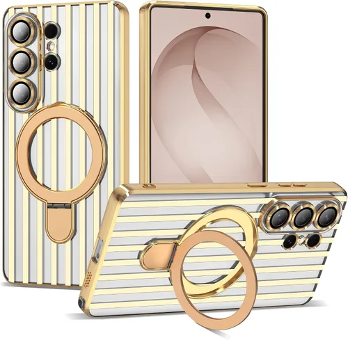Vista 38 de Funda compatible con Samsung Galaxy S24 Plus con soporte de anillo magnético [compatible con Mag-Safe] protector de lente de cámara chapado Dorado