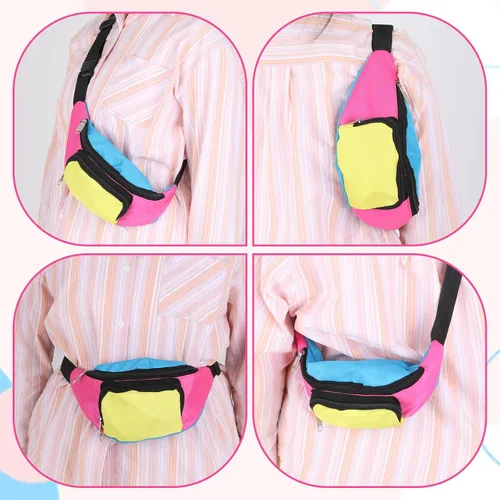 Vista 7 de Riñonera retro neón de los años 80 con 2 bolsillos, manos libres, pequeñas bolsas para cinturón para mujeres y hombres, viajes, fiesta de Halloween