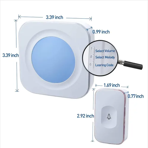 Vista 9 de Timbre inalámbrico de 1200 pies impermeable para el hogar con 36 melodías, 4 niveles de volumen, luz LED flash (1 receptor y 1 botón táctil blanco)
