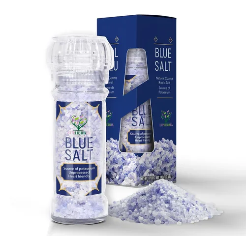 Vista 13 de EUPHERBIA Sal azul, gruesa, sal mineral rara, alto potasio, baja en sodio, natural, sin procesar, cosechada a mano, certificado Kosher