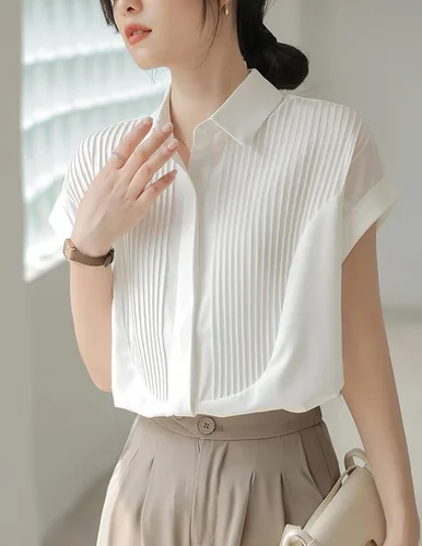 Vista 5 de Women's Vintage Solid White Button Down Shirt Casual Lapel Single Breasted Blouse for Office Work