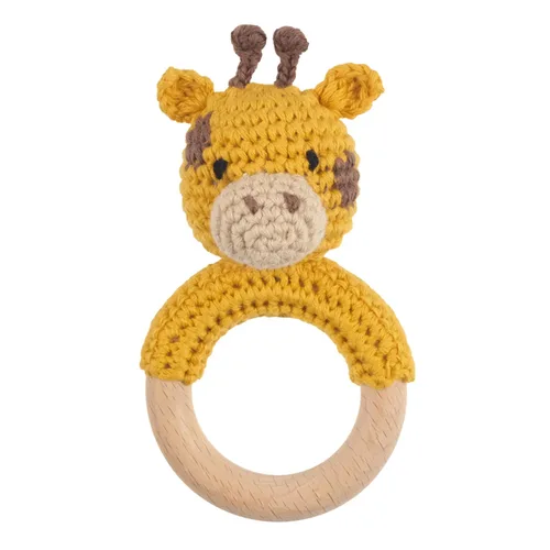 Vista 8 de Joliecraft Juguetes Sonajeros de Madera de Animales de Safari para Bebé, Sonajero de Ganchillo Relleno con Anillo Mordedor para Recién Nacido, Oso