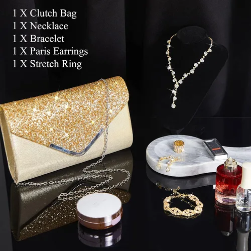 Vista 4 de Henoyso Juego de 5 piezas de joyería de diamantes de imitación con diamantes de imitación, bolso de mano para novia, graduación, collar, aretes