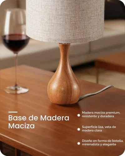 Vista 5 de LE09TLP205 - Juego de 2 lámparas de mesa de madera, lámpara de noche pequeña con pantalla de lino beige y base de madera natural oscura, lámpara