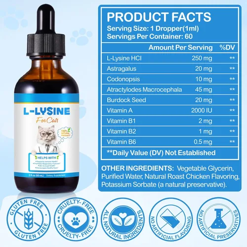 Vista 2 de NIFEISHI Suplemento líquido de L-lisina para gatos, para salud respiratoria, estornudos, secreción nasal y cuidado de los ojos, para gatos de todas