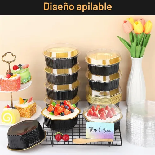Vista 6 de Beasea Tazas desechables para hornear con tapas, juego de 50 unidades, 13.5 oz 400 ml, ramekins de aluminio con tapa de papel de aluminio, moldes