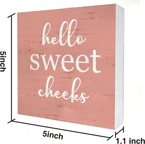 Vista 2 de Pink Hello Sweet Cheeks - Placa de madera para decoración de escritorio con citas, letrero rústico para el hogar, inodoro, oficina, 5 x 5 pulgadas