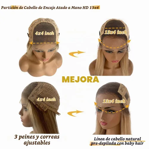 Vista 6 de Pelucas de encaje frontal rubio con reflejos, cabello humano 13x4, malla frontal transparente HD, estilo ombre, color marrón dorado a rubio