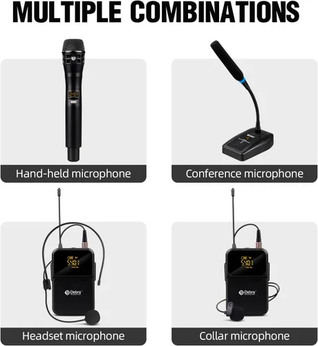 Vista 8 de D Debra Sistema de Micrófono Inalámbrico de Audio Pro DU4004 UHF 4 x 16 Canales Ajustables Micrófono Inalámbrico de Mano Lavalier Auricular, Ideal