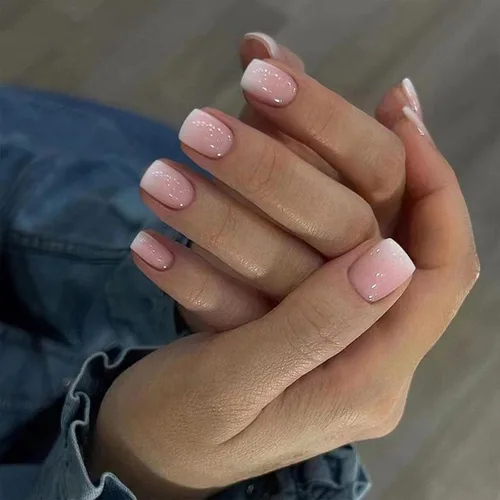 Vista 15 de Uñas postizas a presión azules cortas cuadradas con diseños, uñas postizas de color sólido, uñas acrílicas brillantes de cobertura completa