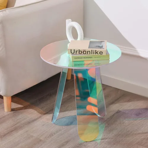 Vista 7 de Mesa auxiliar acrílica, mesa de centro iridiscente arcoíris con cubierta de mesa de PVC, muebles de acrílico transparente, mesita de noche redonda