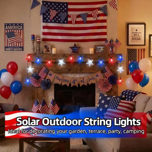 Vista 2 de Cadena de luces solares brillantes del 4 de julio para decoración al aire libre, luces de hadas impermeables de 39 pies, rojas, blancas y azules