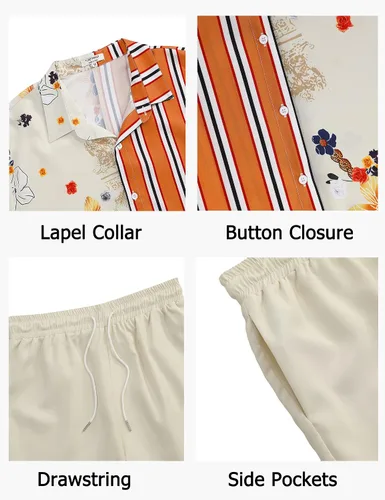 Vista 6 de TURETRENDY Conjunto de 2 piezas de lino para hombre, camisa con botones y pantalones cortos