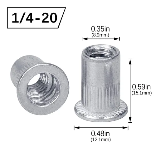 Vista 2 de 20 tuercas de remache 1/4-20UNC, tuerca de brida de aluminio, inserto roscado de cabeza plana