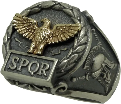 Vista 3 de Anillo de plata de ley y oro macizo amarillo de 10 quilates hecho a medida con águila del imperio romano SPQR Skull Biker para hombre