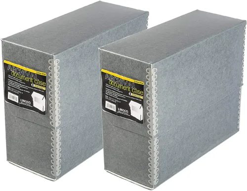 Vista 10 de Lineco Caja de almacenamiento de documentos archivados con borde metálico, caja de cartón libre de ácidos gris, organiza y almacena archivos
