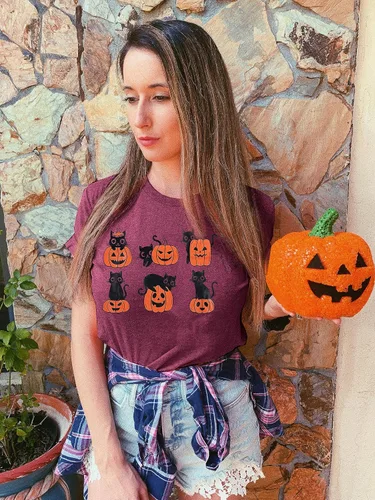 Vista 5 de JINTING Camisas de gato negro para mujer, camiseta de calabaza de Halloween, camiseta gráfica de Halloween, camiseta de manga corta