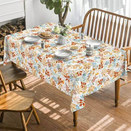 Vista 2 de Horaldaily Mantel de otoño de 52 x 70 pulgadas, diseño de hojas de acuarela naranja y azul, para decoración de fiestas, picnic, cena