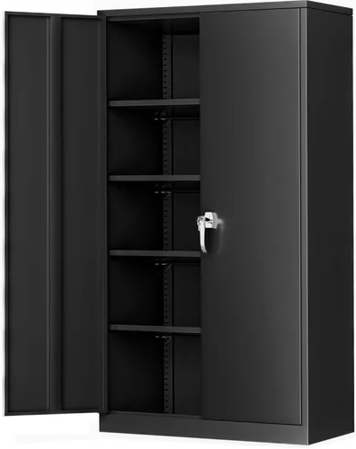 Vista 14 de Greenvelly Armario de almacenamiento de metal con cerradura, gabinete de garaje de metal de 71 pulgadas con 2 puertas y 4 estantes ajustables