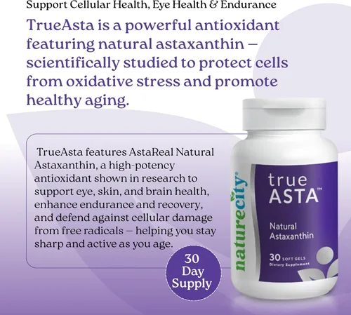 Vista 2 de NatureCity TrueAsta Suplemento de astaxantina de 6 mg con AstaReal Apoya los ojos, la piel, las articulaciones, los músculos, el cerebro