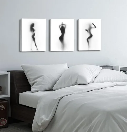 Vista 3 de Arte de pared para decoración de baño, 3 piezas, arte de pared en blanco y negro, pósteres sexys, impresión en lienzo, pintura de silueta nebulosa